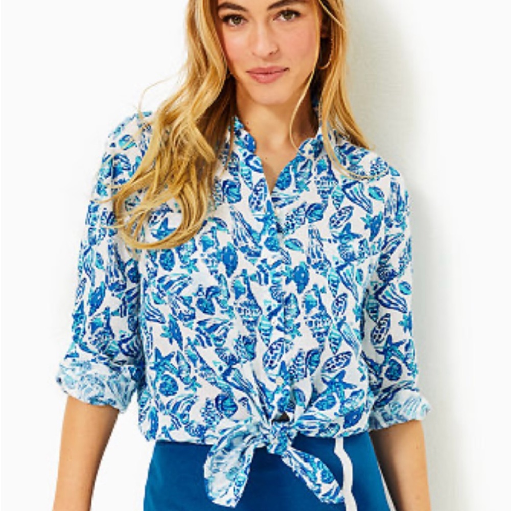 Lilly Pulitzer Blue and White Floral Button Down Shirt